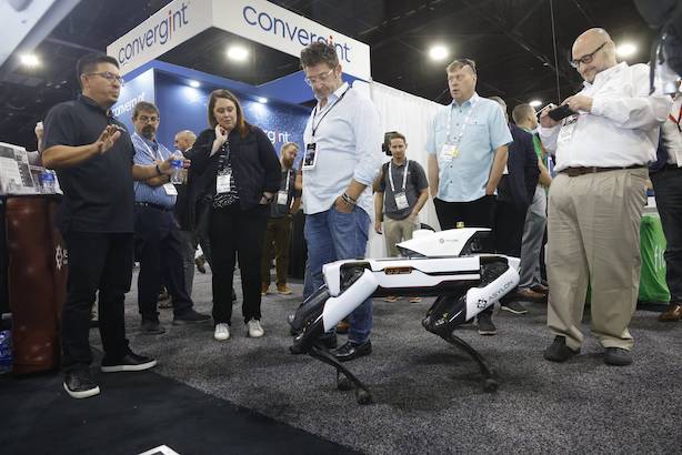 Crowd of people watching robotic security robot dog