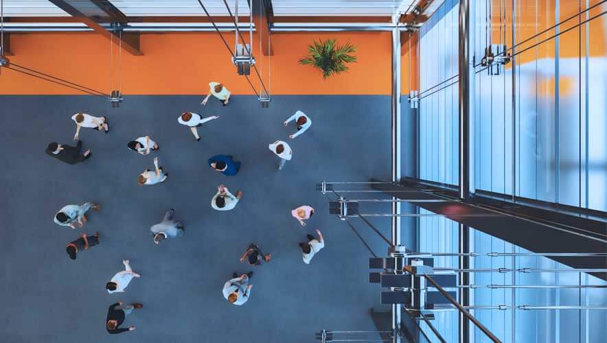 Overhead shot of people standing near entryway