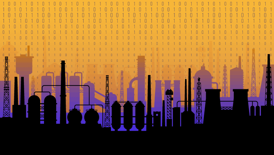 Illustration of city skyline with binary code overlaid