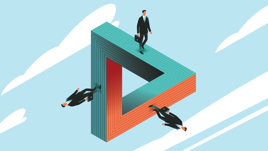 Illustration of three businessmen each walking on one leg of a Penrose triangle