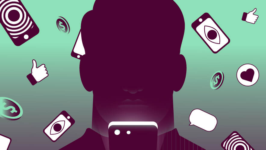Illustration of shaded figure holding a cell phone with various icons referencing the internet in the background