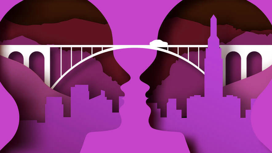 Illustration of two heads facing each other with city skylines contained within them and a bridge connecting the two heads