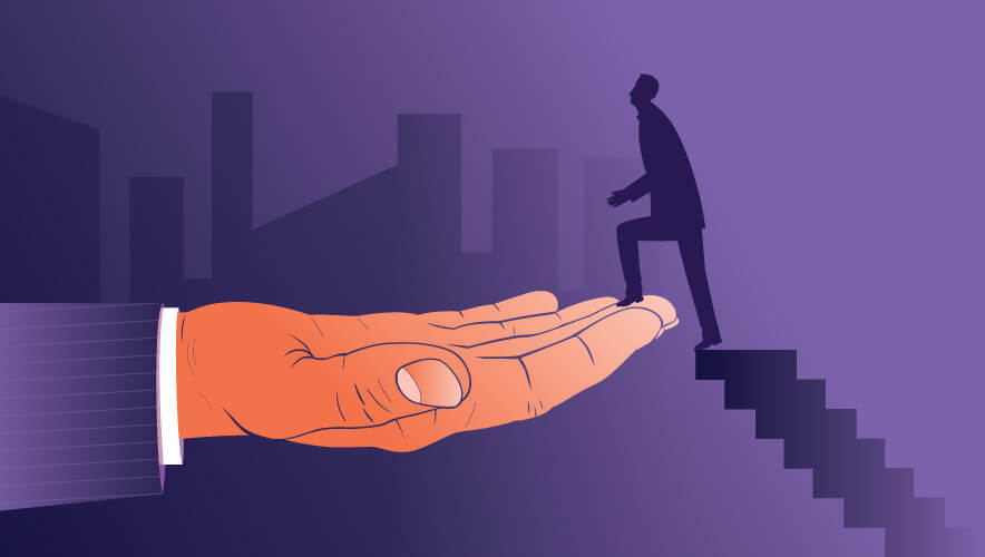 Illustration of silhouetted figure stepping from top stair into a much larger outstretched hand