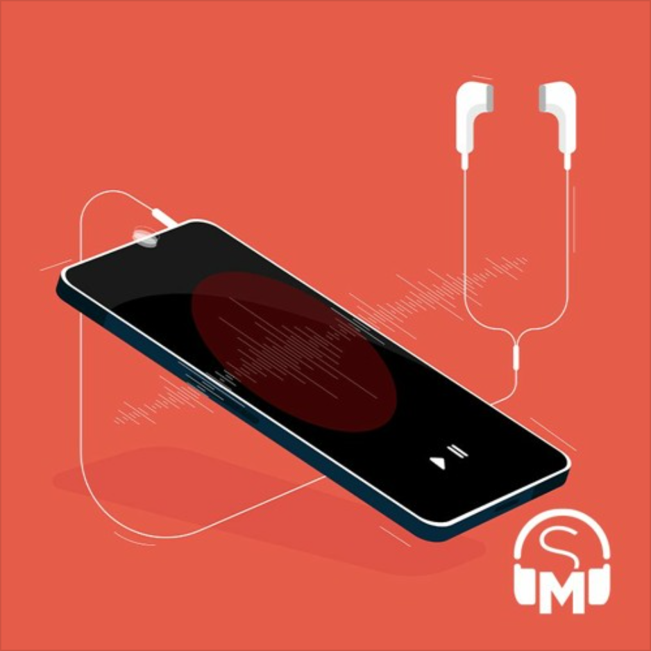 Illustration of smartphone with earbuds plugged in and a soundwave overlaid