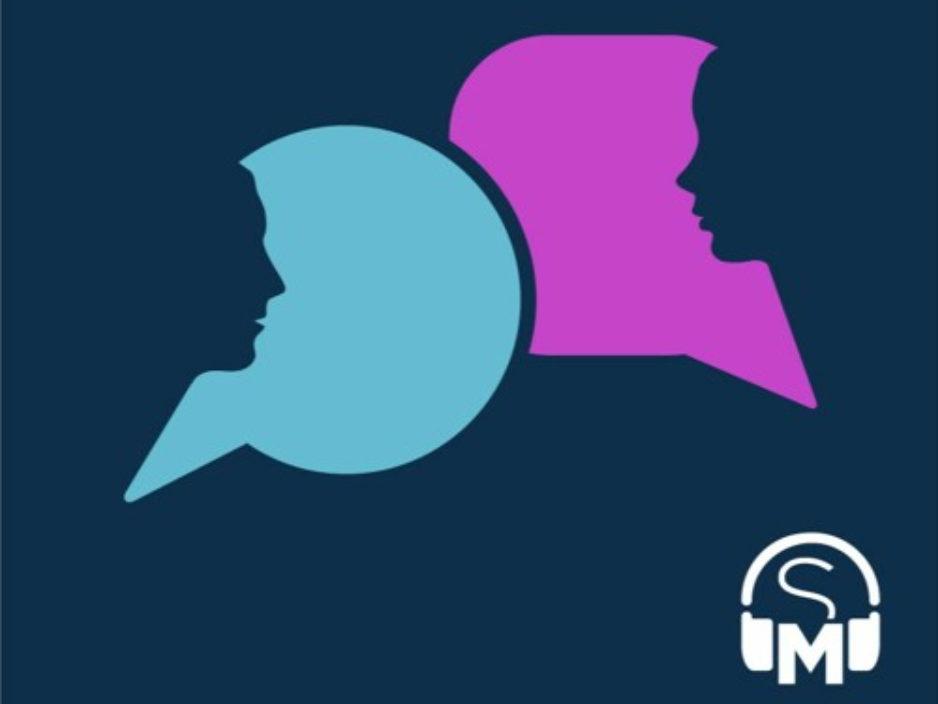 A blue speech bubble with a silhouetted face overlapping a purple speech bubble with a silhouetted face. SM podcast logo in the bottom right corner